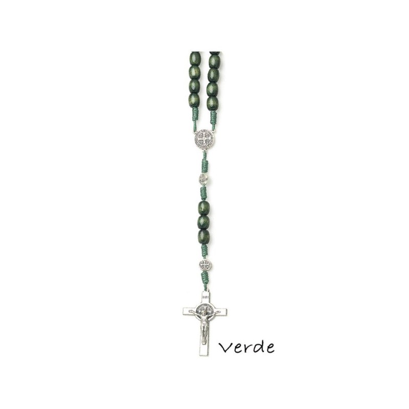 Chapelet Saint Benoit perle bois ovale verte sur double chainage