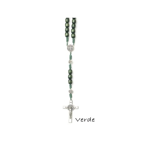 Chapelet Saint Benoit perle bois ovale verte sur double chainage