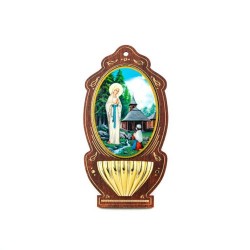 Bénitier ovale avec Notre Dame de Banneux dans une boite. 12 cm