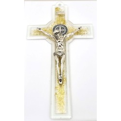 Croix en verre Saint Benoit 25cm dorée