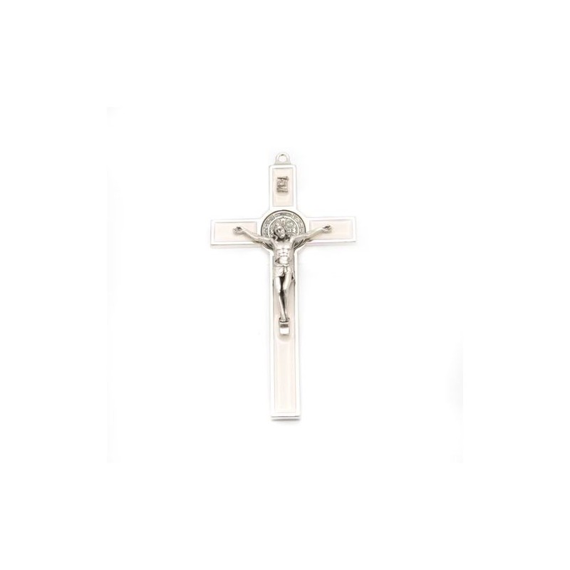 Sint Benedictuskruis in metaal en wit emaille 13,5 cm