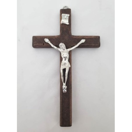 Crucifix  12x7cm bois foncé/moyen/naturel + corp argenté