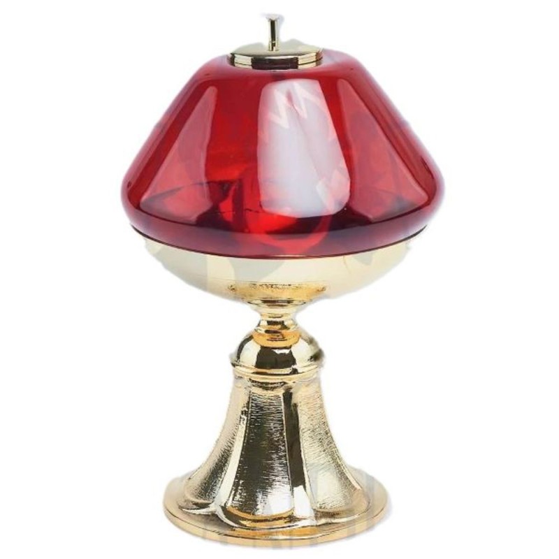 Rode glazen lamp op gouden voet 21x14cm