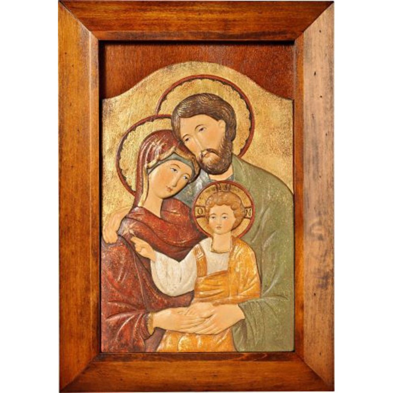 Heilige Familie icoon in antiek gekleurd gesneden esdoornhout 30x21cm