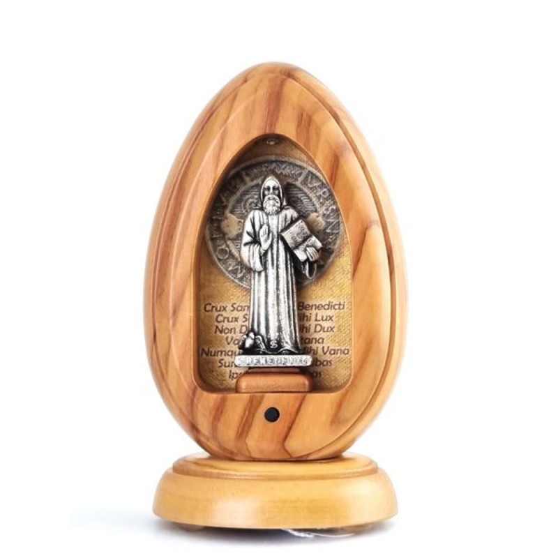 Stander en bois d' olivier + statuette Saint Benoit + LED +musique
