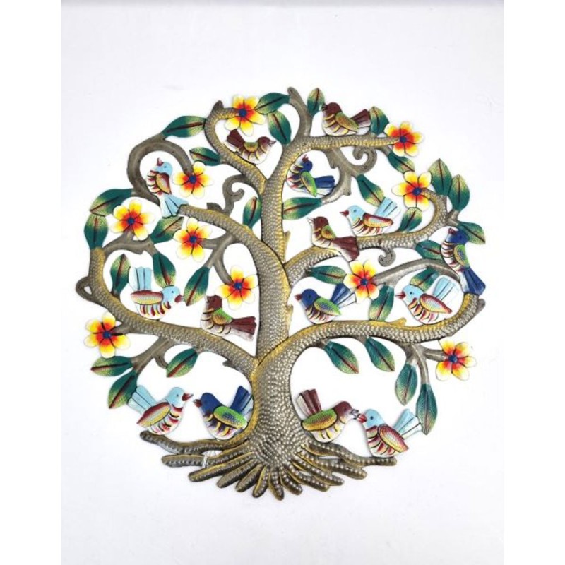 Levensboom vogels en bloemen gekleurd metaal D:40cm (Handgemaakt in Haïti)