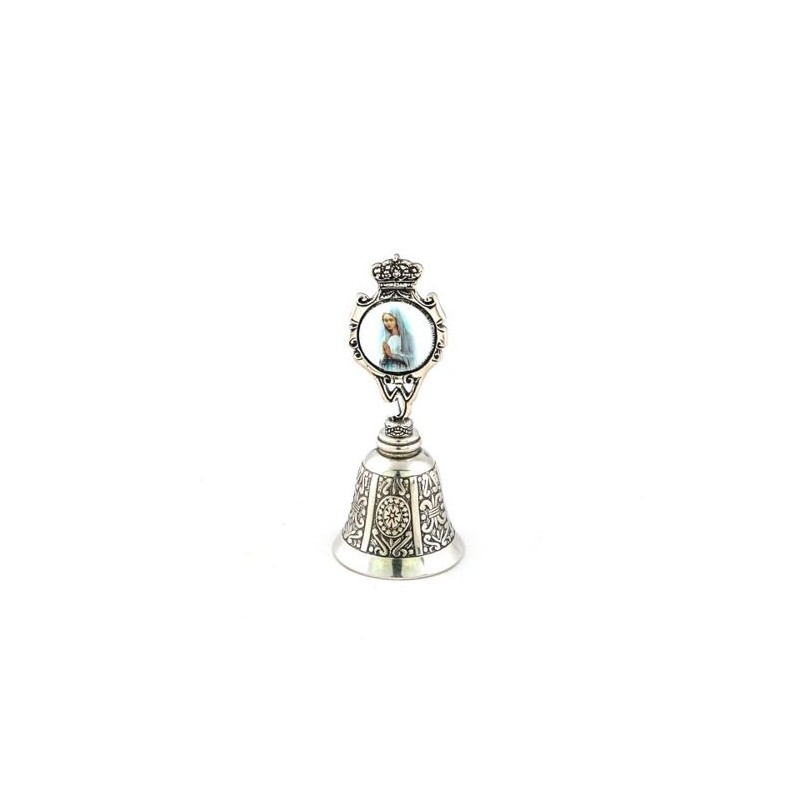 Cloche métal argentée avec médaille de Notre Dame de Banneux