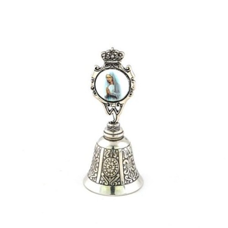 Cloche métal argentée avec médaille de Notre Dame de Banneux