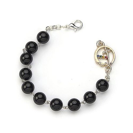 Bracelet perle Black Onyx sur chaine métal dorée avec ancre