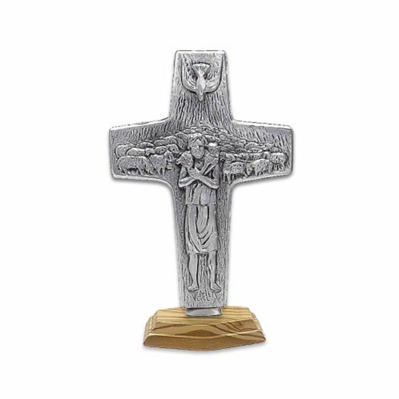 Croix du Bon Pasteur en métal avec base bronze. 23/14 cm