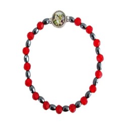 Bracelet élastique perles facettes en bleu ou rouge + hématite + médaille Banneux 