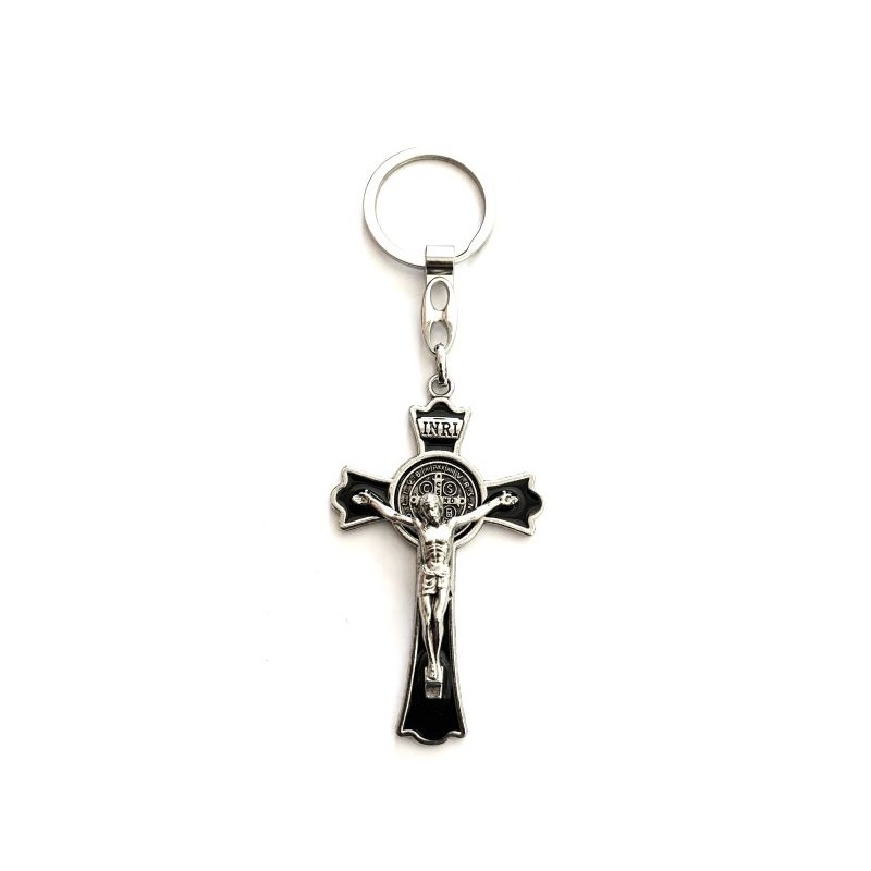 Porte-clés métal argenté Croix St. Benoit 7x4cm