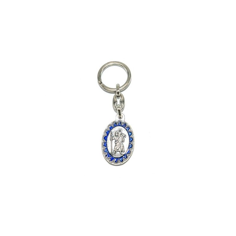 Een sleutelhanger van St. Christopher, van geoxideerd metaal en glazuur. 3,8 cm
