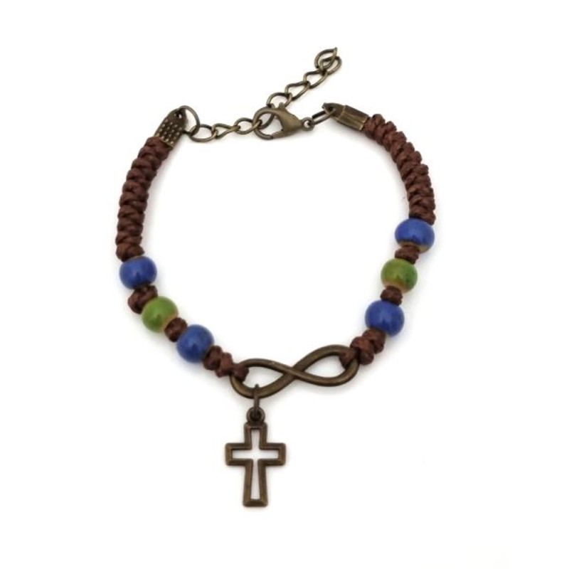 Cross touw armband + hart blauwe kralen