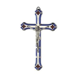 Crucifix métal émaillé bleu 13cm avec corps argenté
