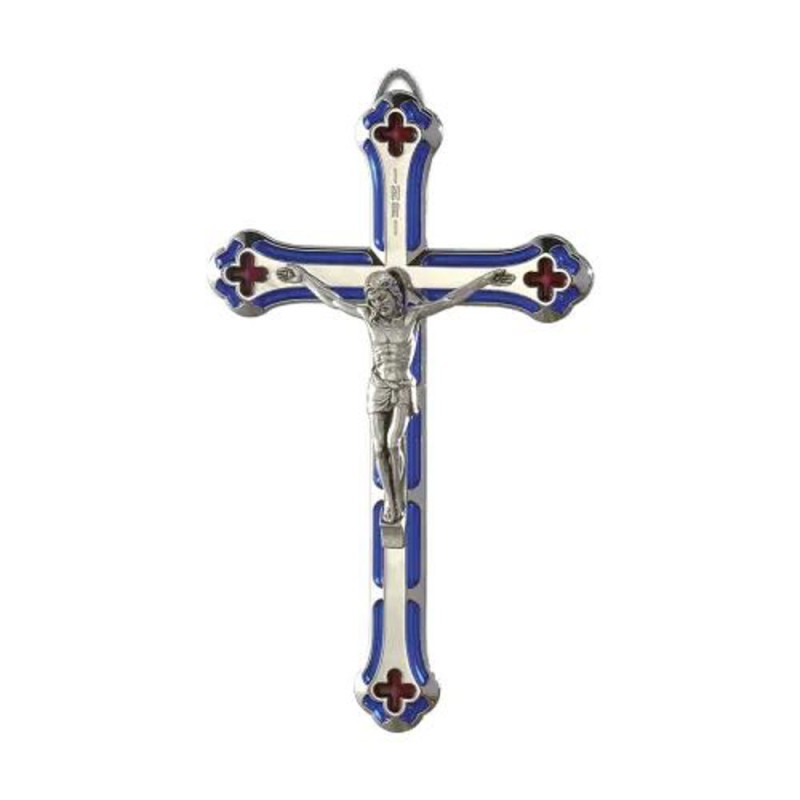 Crucifix métal émaillé bleu 13cm avec corps argenté