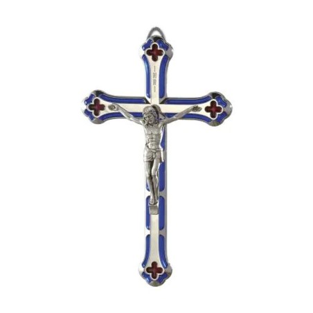 Crucifix métal émaillé bleu 13cm avec corps argenté