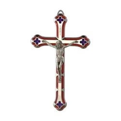 Crucifix métal émaillé rouge 13cm avec corp argenté