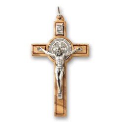 Kruis St. Benoit 7.5cm Olijfhout met zilver metalen lichaam
