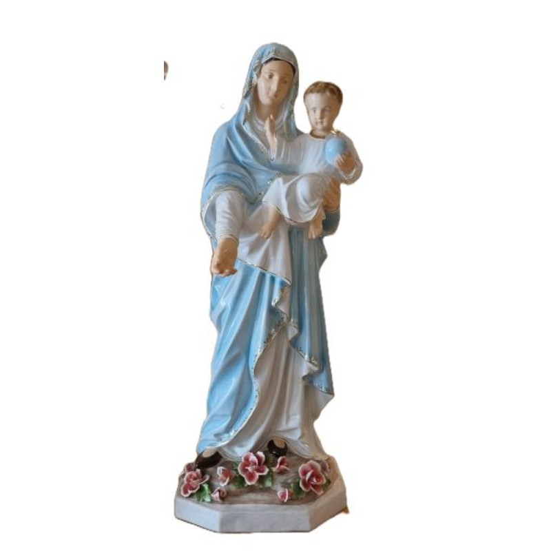 Statue de la Vierge avec l'enfant en porcelaine. 130 cm. peut se poser à l'extérieur