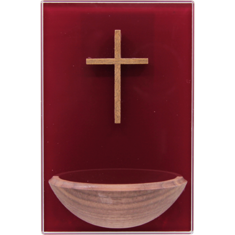 Bénitier rouge en verre avec croix en bois