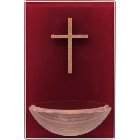 Bénitier rouge en verre avec croix en bois