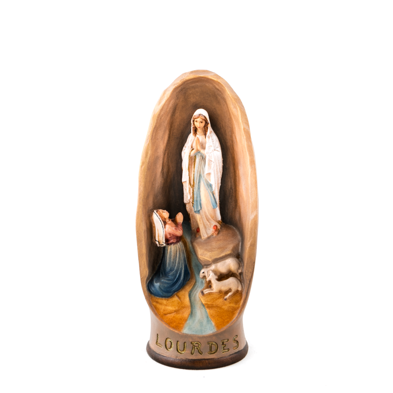 Grotte avec l'Apparition de Lourdes en bois coloré. 17 cm