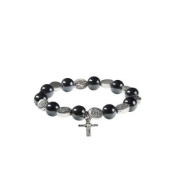 Bracelet élastique Miséricordieux perle hématite avec mini croix Saint Benoit