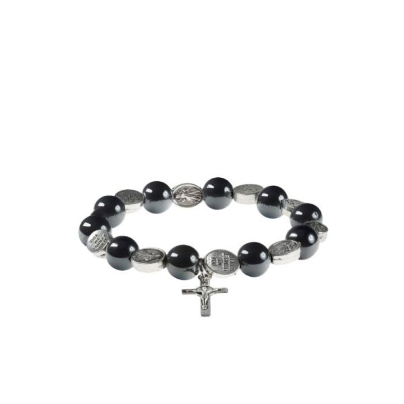 Genadevolle elastische armband parel hematiet met mini-cross Saint Benoit