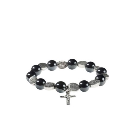 Genadevolle elastische armband parel hematiet met mini-cross Saint Benoit