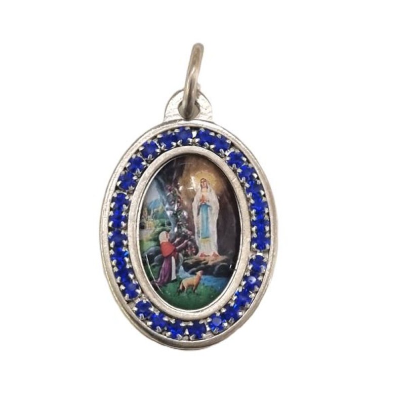 Médaille de Notre Dame de Lourdes avec strass bleu
