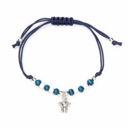 Bracelet corde avec perles bleues et médaille ange
