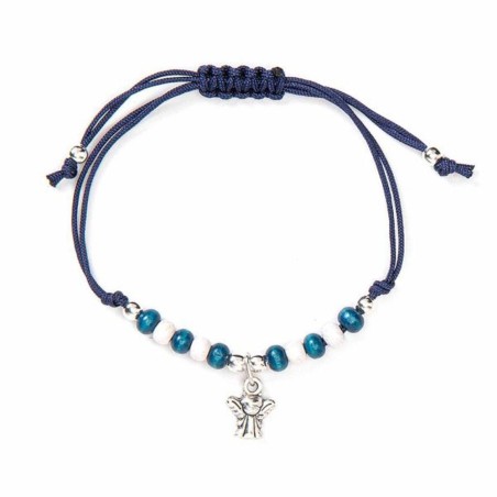 Touw armband met blauwe kralen en engel medaille