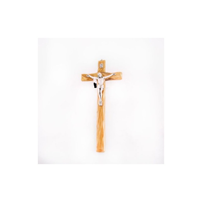 Crucifix in olijfhout met zilver Christus. 20 cm