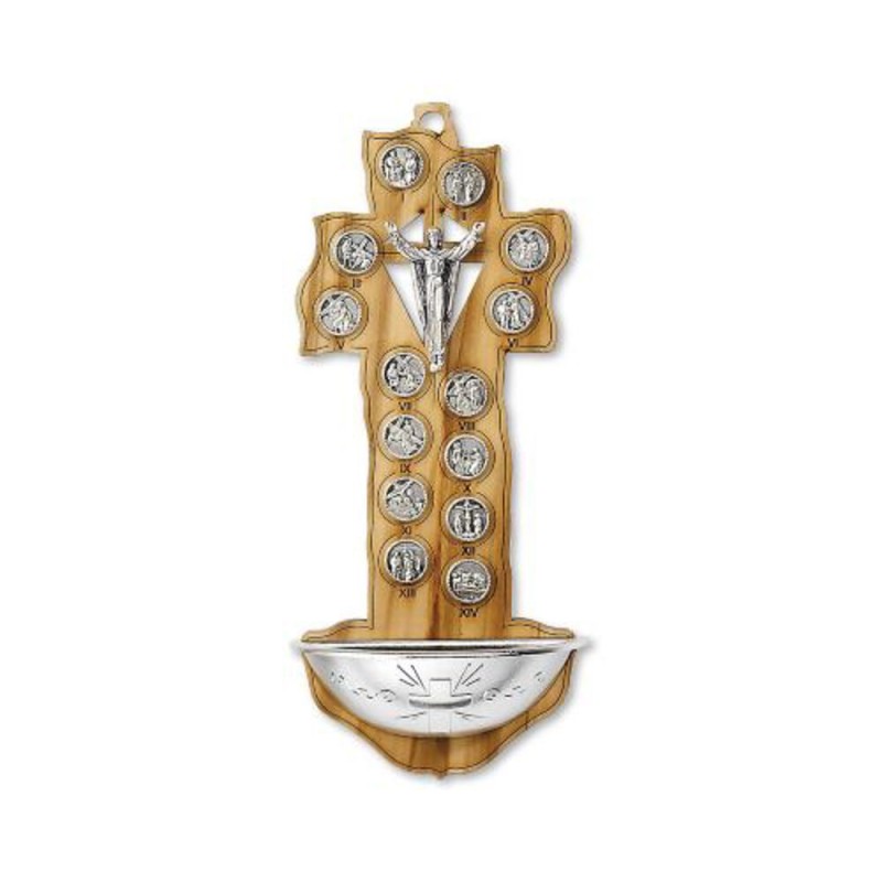Bénitier bois d'olivier avec chemin de croix en métal argenté 16x7cm