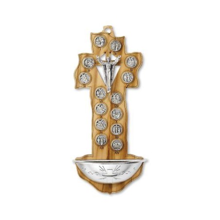 Bénitier bois d'olivier avec chemin de croix en métal argenté 16x7cm