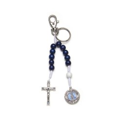 Porte clé BLEU Miraculeuse avec dizainier bois + croix et médaille métal