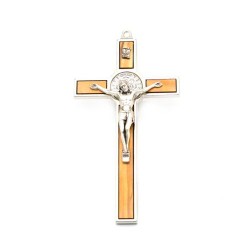 Kruis van Saint Benoit in zilver metaal en olijfhout. 12 cm