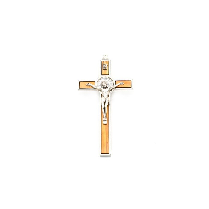 Kruis van Saint Benoit in zilver metaal en olijfhout. 12 cm