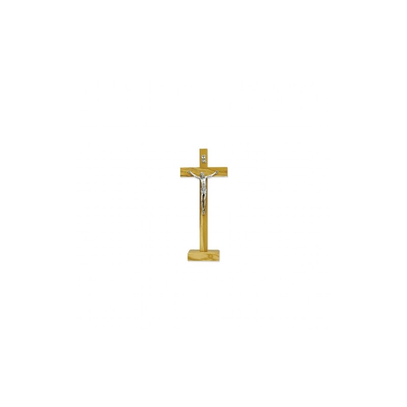 Crucifix sur base bois d'olivier 20x9 cm corp métal