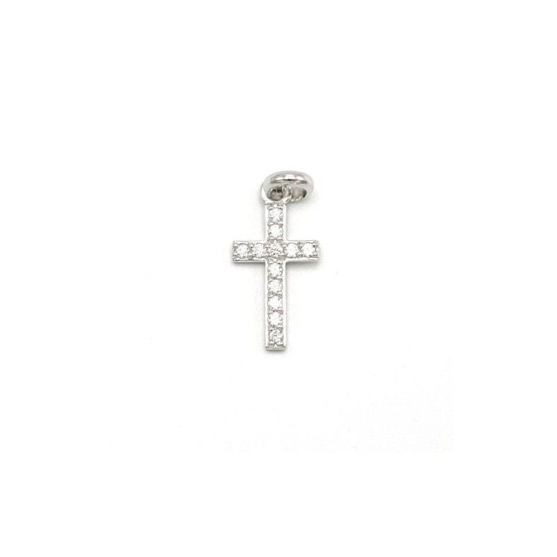 Pendentif croix en argent rhodié et zircons. 17 mm