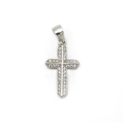 Pendentif croix en argent rhodié et zircons. 18 mm