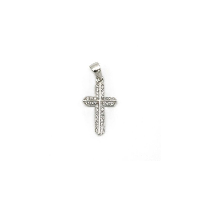 Pendentif croix en argent rhodié et zircons. 18 mm