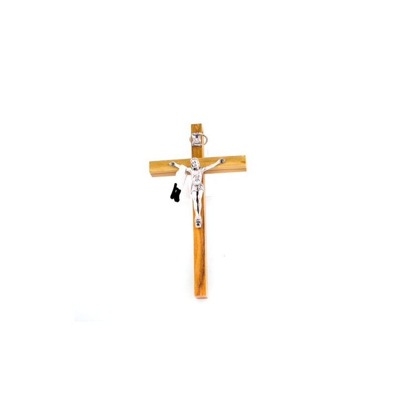 Crucifix in olijfhout met zilver Christus. 13 cm