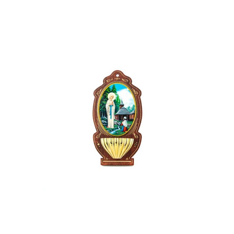 Bénitier ovale avec Notre Dame de Banneux dans une boite. 12 cm