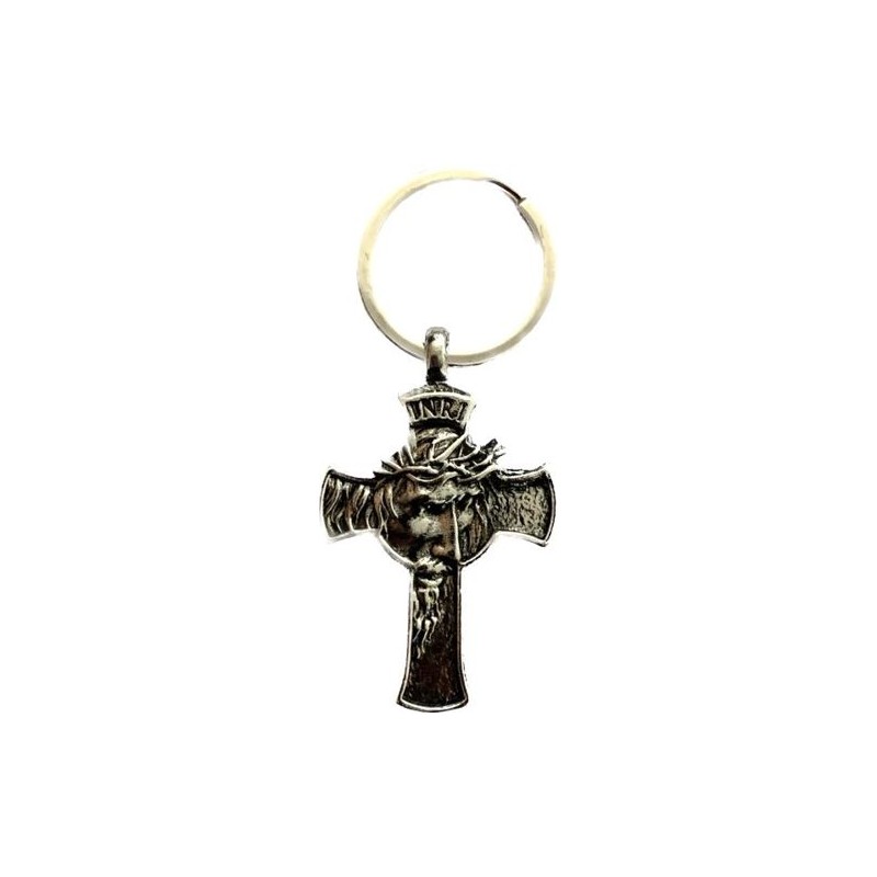 Porte-clés croix Sainte Face métal (Zinc) argenté