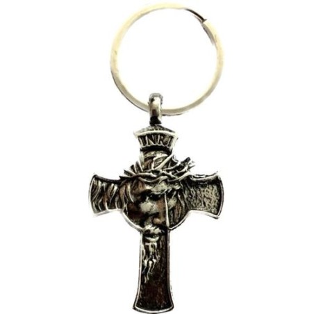 Porte-clés croix Sainte Face métal (Zinc) argenté