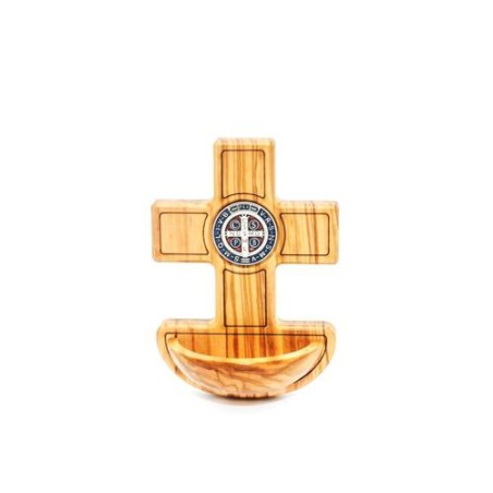 Bénitier avec la croix de Saint Benoît en bois d'olivier
