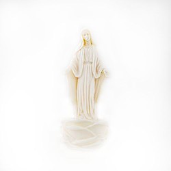 Bénitier blanc la Vierge Miraculeuse sur une rose 15cm résine