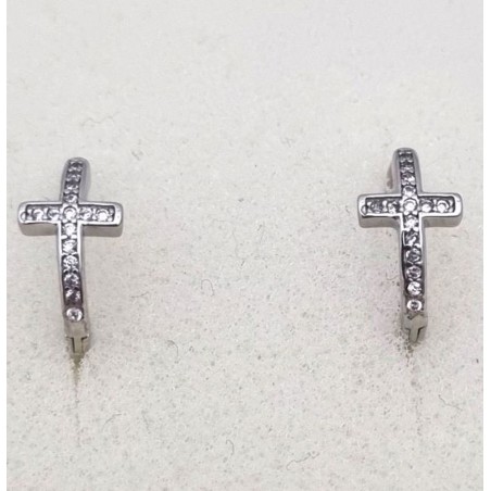 Boucle d'oreilles anneaux croix avec zircon Argent RH S925 2.20gr 